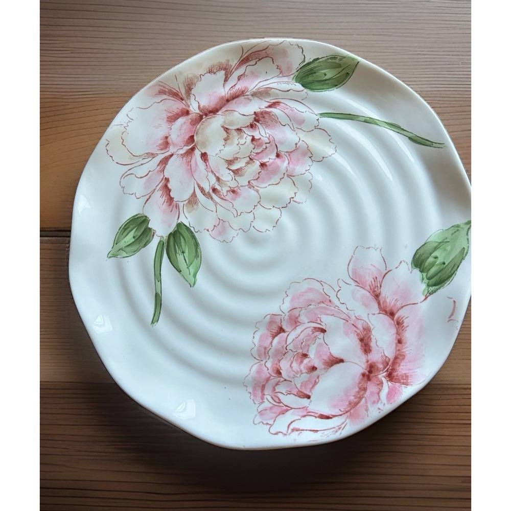 Pink Peonies Hand-painted Dinner Plate Ribbed with Scallop Edges 11 1/4" Floral